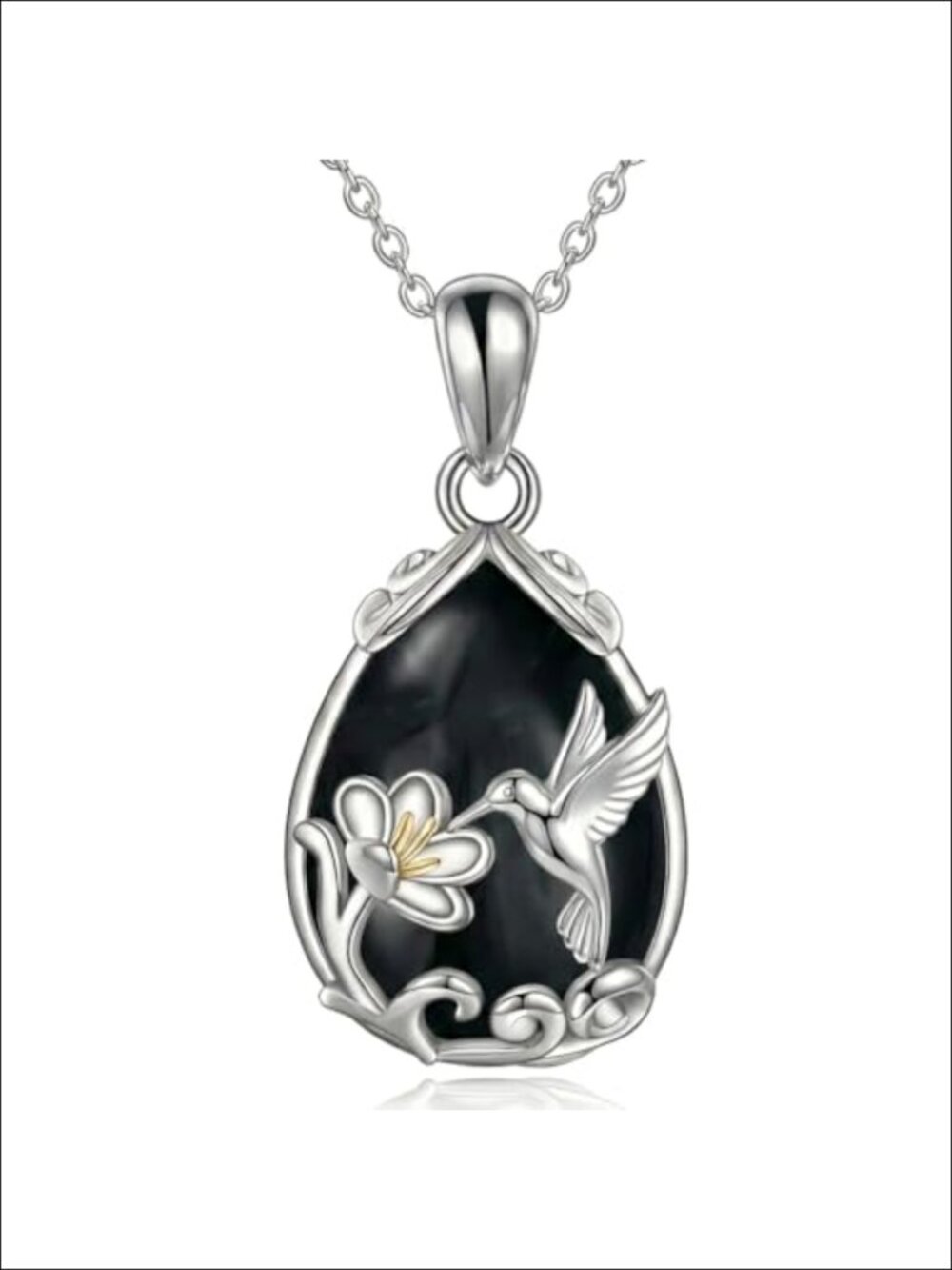 Black Obsidian Hummingbird Teardrop Pendant Necklace Brass 18in